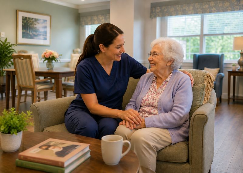 Caring staff with resident at The Waters of Wakarusa